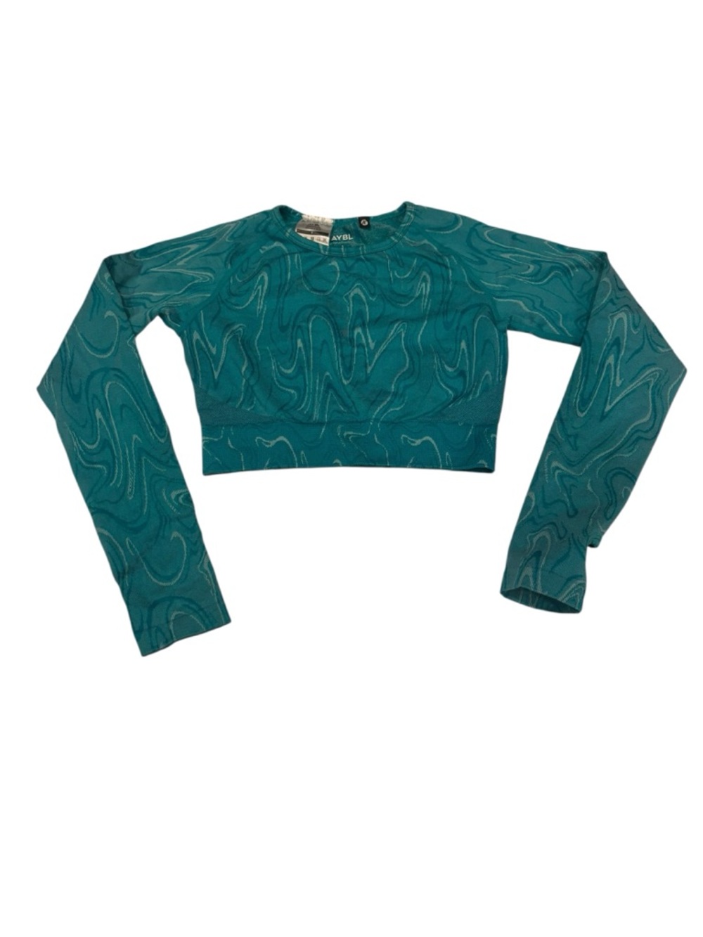 AYBL Womens S Teal Patterned Cropped Long Sleeve Crop Top with Thumbholes